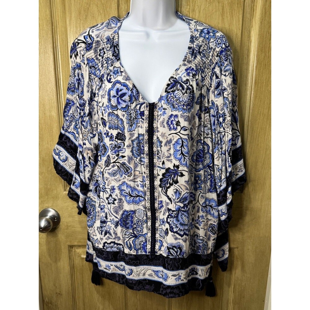 Democracy Womens Floral Shirt Size 1X V Neck 3/4 Kimono Sleeve Blouse Casual